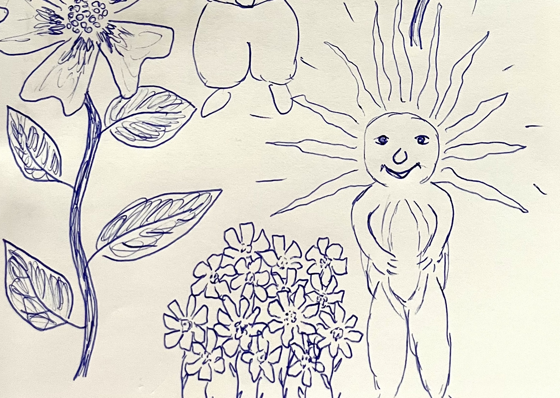 drawing of flowers and a sun being