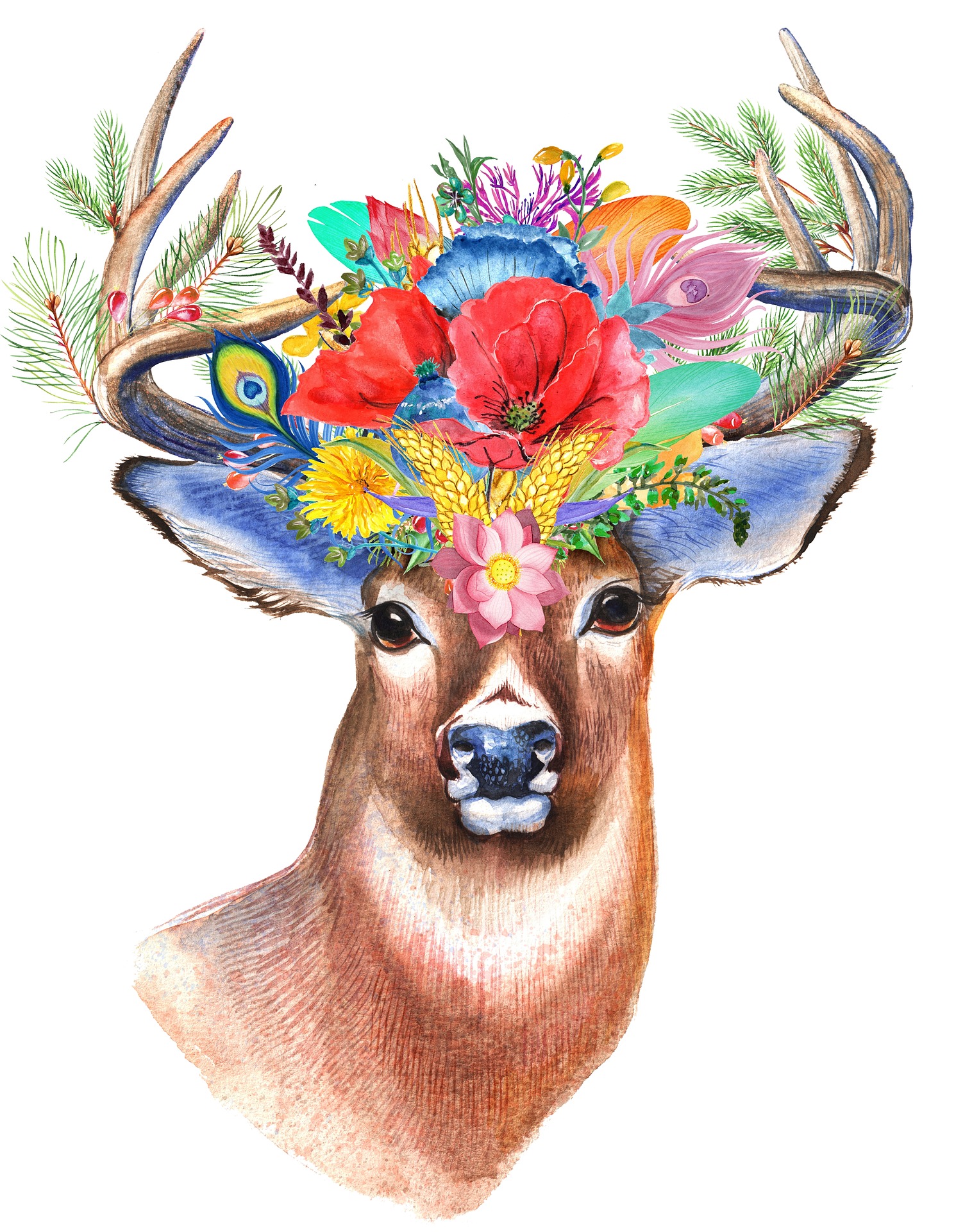 drawing of a stag with colourful flowers on his head